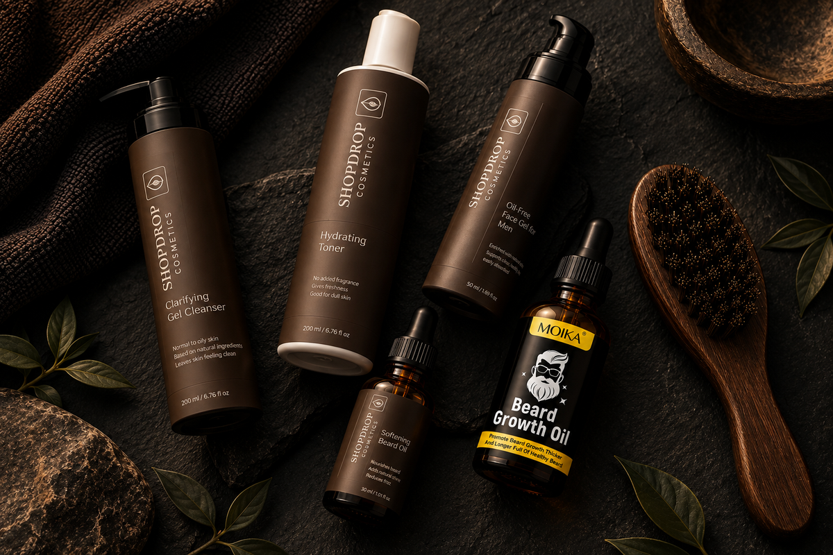 ShopDrop Cosmetics Complete Beard Toolkit — Men's grooming flat lay on dark slate
