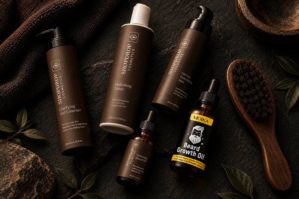 ShopDrop Cosmetics Complete Beard Toolkit — Men's grooming flat lay on dark slate