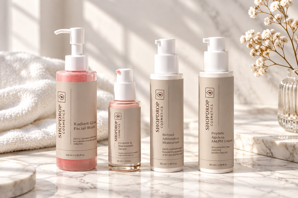 ShopDrop Skincare Edit — 4-Step Morning Routine Flatlay