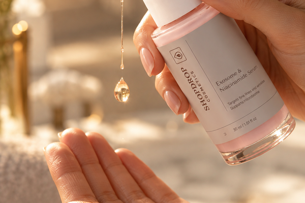 ShopDrop Cosmetics Exosome Serum and Beard Growth Oil flat lay — skincare and grooming tips