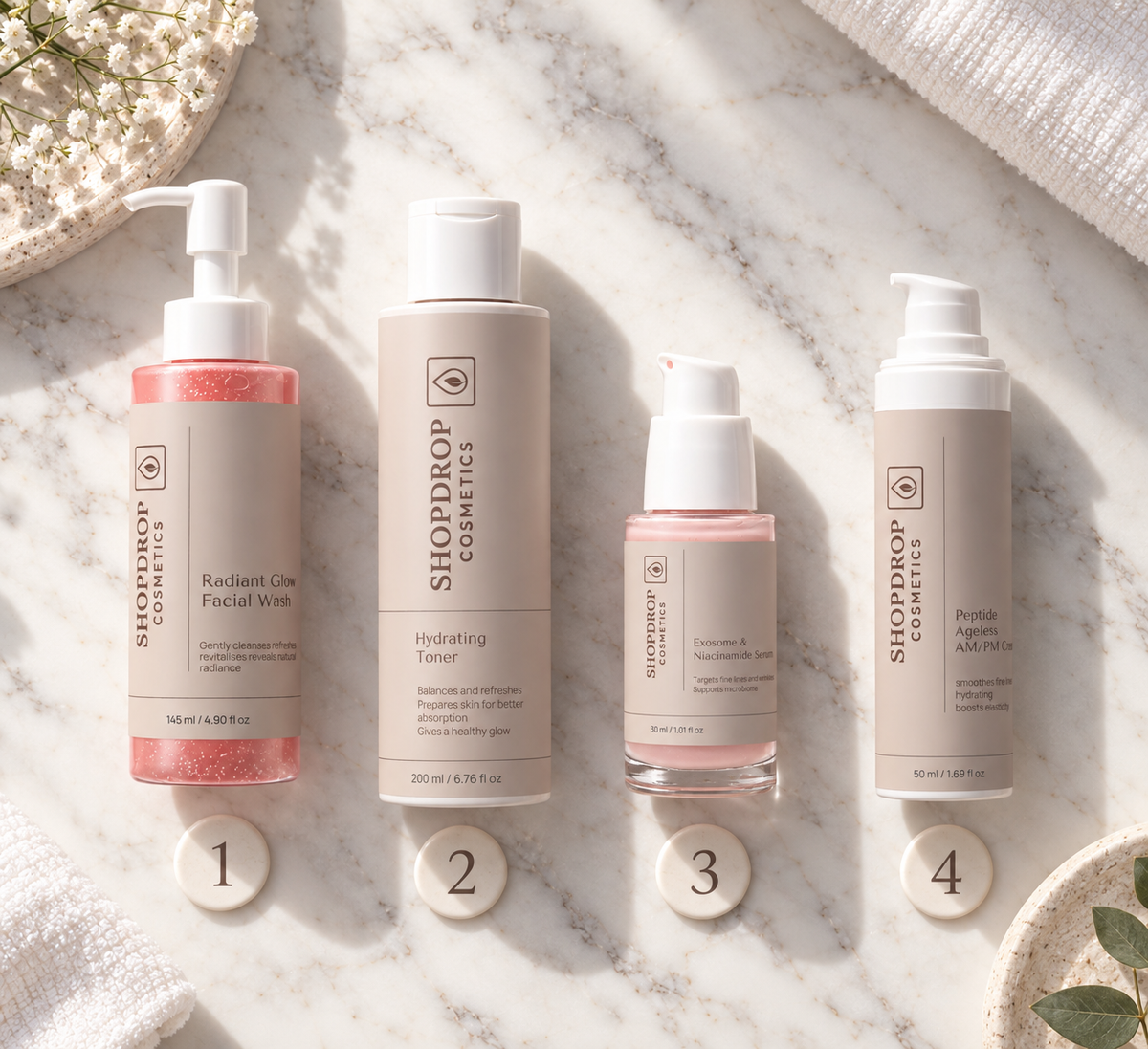 ShopDrop Cosmetics 4-step women's skincare routine flat lay on marble — Radiant Glow Facial Wash, Hydrating Toner, Exosome Serum, Peptide Ageless Cream