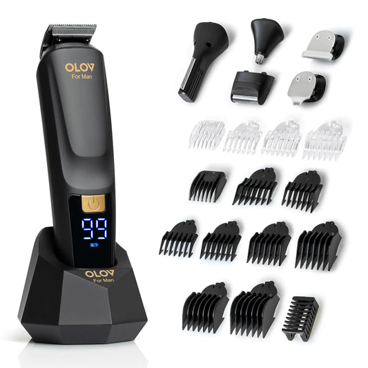 OLOV For Man Beard Trimmer 21 Piece All-in-One Mens Grooming Kit and Hair Clipper Nose EarBody and Face Electric Razor with USB Recharge Dock