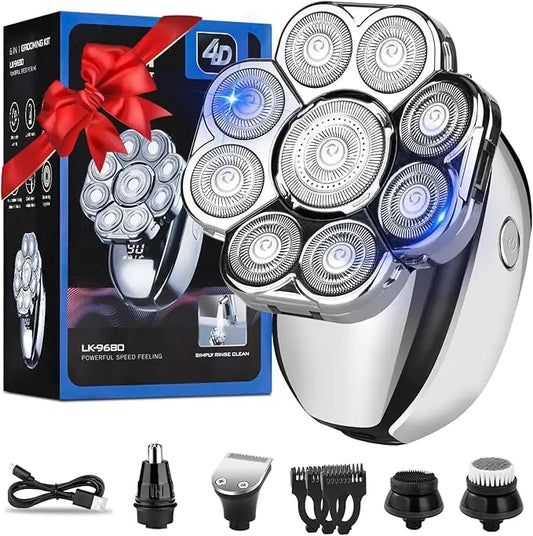 Upgrade Head Shavers for Bald Men Head Shaver 9D 6-in-1 Electric Razor Grooming Kit with Nose Hair Trimmer Waterproof Wet/Dry Shaver LED Display Rechargeable Bald Head Razor Gift for Men （silver）